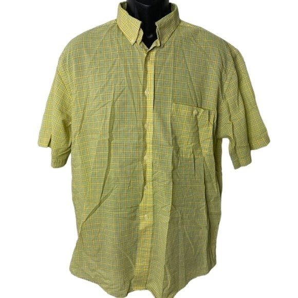 Towncraft Button Down Short Sleeve Shirt L Yellow Plaid Chest Pocket No Wrinkle - Picture 1 of 4